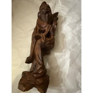Vintage Chinese Hand-Carved Wood Figurine Wise Man Statue Mid 20th Century
